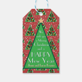 セーター姿のかわいい黒猫クリスマスツリーレッド ギフトタグ