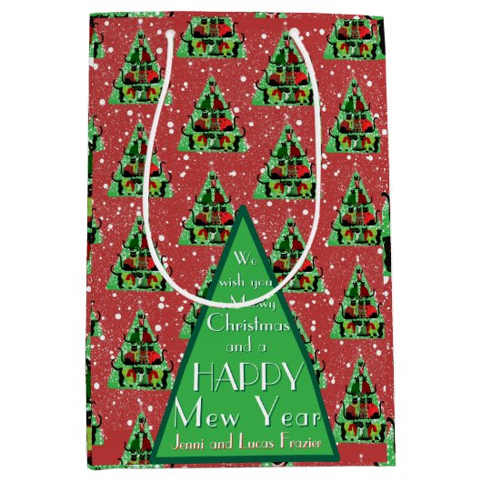 セーター姿のかわいい黒猫クリスマスツリーレッド ミディアムペーパーバッグ (正面)