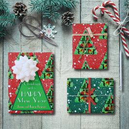 セーター姿のかわいい黒猫クリスマスツリーレッド ラッピングペーパーシート