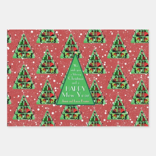 セーター姿のかわいい黒猫クリスマスツリーレッド ラッピングペーパーシート (正面)