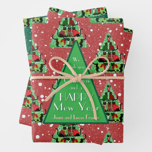 セーター姿のかわいい黒猫クリスマスツリーレッド ラッピングペーパーシート (インサイチュ)