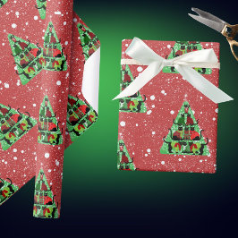 セーター姿のかわいい黒猫クリスマスツリーレッド ラッピングペーパー