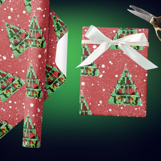 セーター姿のかわいい黒猫クリスマスツリーレッド ラッピングペーパー