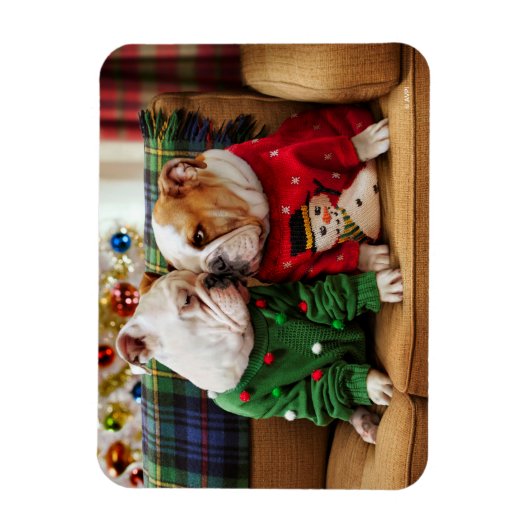 セーター姿のクリスマスブルドッグ マグネット (縦)