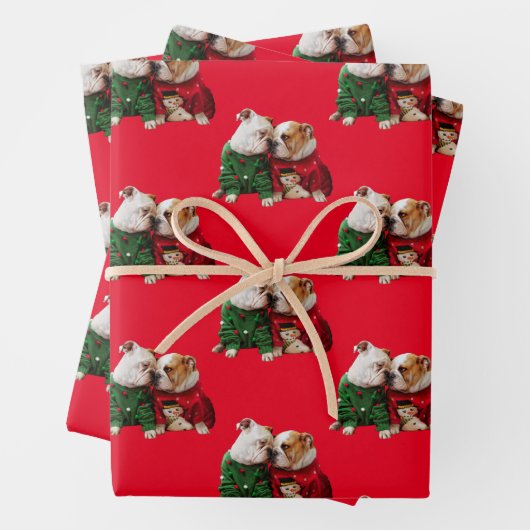 セーター姿のクリスマスブルドッグ ラッピングペーパーシート (インサイチュ)