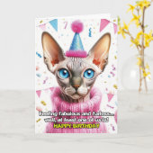 セーター姿のスフィンクス猫の誕生日カード カード (黄色い花)