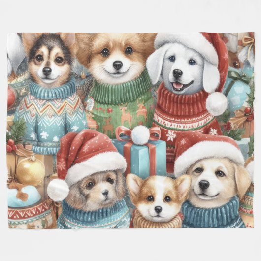 セーター姿の水彩可愛い犬 フリースブランケット (正面(横))