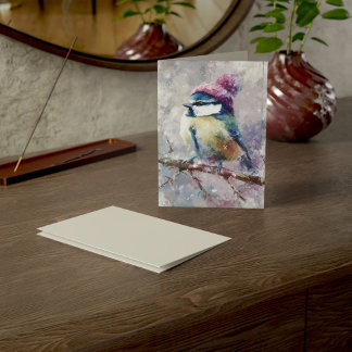 セーター帽子の冬の鳴き鳥 | おばけのご挨拶 カード