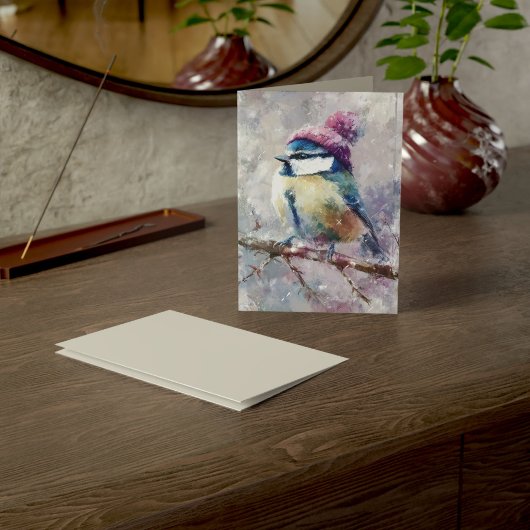 セーター帽子の冬の鳴き鳥 | おばけのご挨拶 カード
