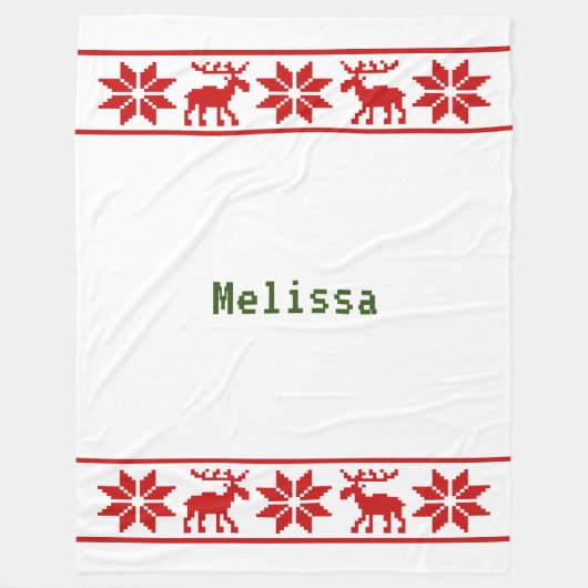 セーター白く見える赤い星トナカイのクリスマス フリースブランケット (正面)