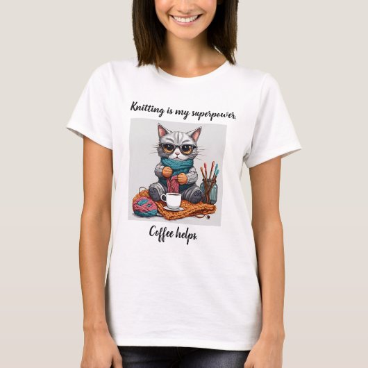 セーター編みが趣味の人へのTシャツ 猫好きな編み物好きのための面白いグッズ Tシャツ (正面)