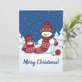 セーター編みをする雪だるまのクリスマス マフラー シーズンカード (スタンド正面)