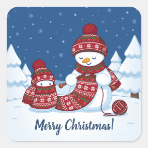 セーター編みをする雪だるま クリスマス マフラー スクエアシール