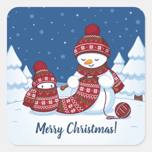 セーター編みをする雪だるま クリスマス マフラー スクエアシール (正面)
