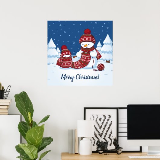 セーター編む雪だるま クリスマス マフラー ポスター (ホームオフィス)