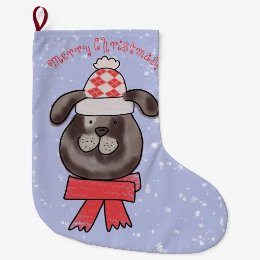 セーター製の帽子とマフラーを着けた小さなクリスマス犬 ラージクリスマスストッキング (正面)