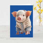 セーター誕生日グリーティングカードを着た可愛い豚 カード (黄色い花)