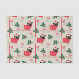 セーター&クリスマスサンタハットを着たパグドッグ 薄葉紙