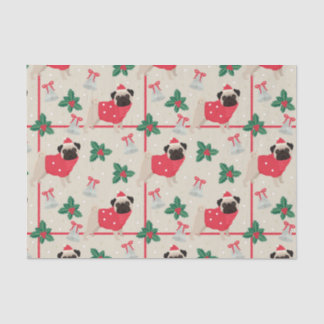 セーター&クリスマスサンタハットを着たパグドッグ 薄葉紙