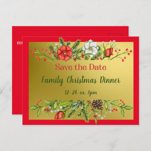 セーブザデートファミリークリスマスディナー招待状金ゴールド ポストカード (正面/裏面)