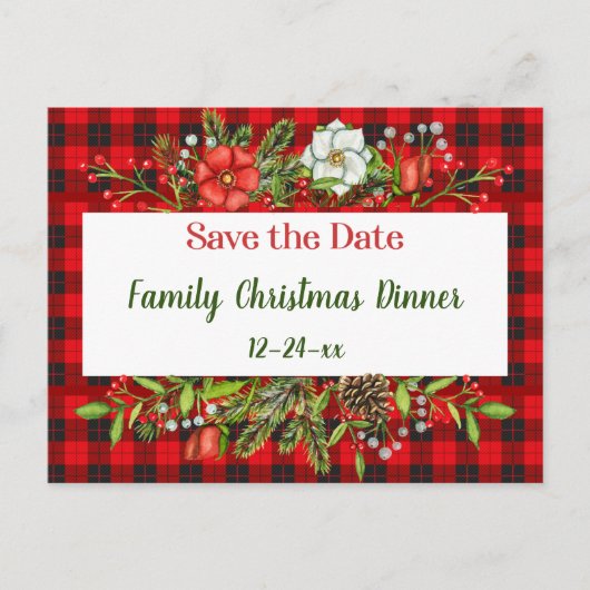 セーブザデートファミリークリスマスミールフランネル招待状 ポストカード (正面)