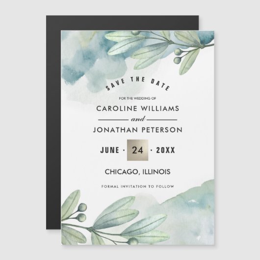 セーブザデート.グリーンブルーボタニカル結婚ズ マグネット招待状 (正面/裏面)