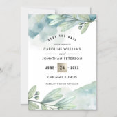 セーブザデート.グリーンブルーボタニカル結婚ズ マグネット招待状 (正面)