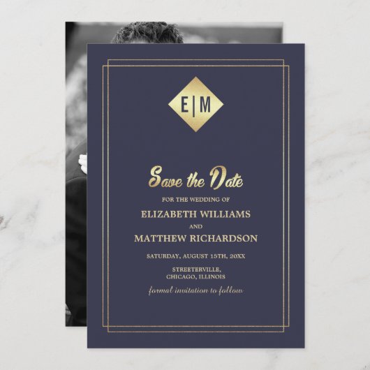 セーブザデート.ネイビーブルー結婚金ゴールドの写真カード 招待状 (正面/裏面)