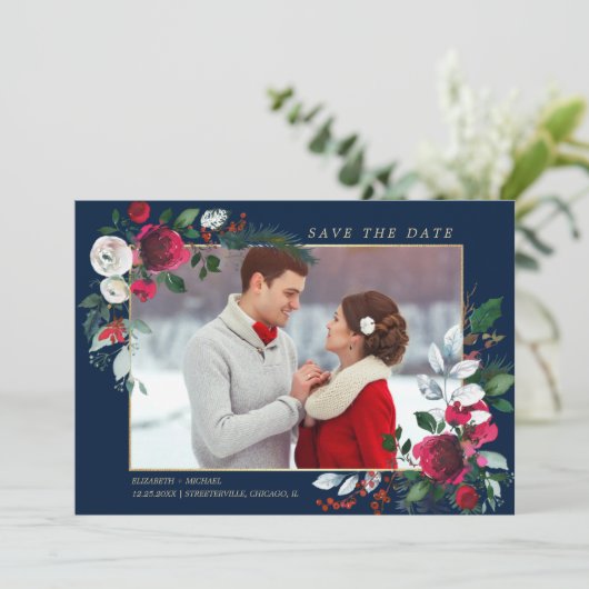 セーブザデート.ネイビーブルー |ブルゴーニュ結婚の写真 招待状 (スタンド正面)