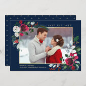 セーブザデート.ネイビーブルー |ブルゴーニュ結婚の写真 招待状 (正面/裏面)