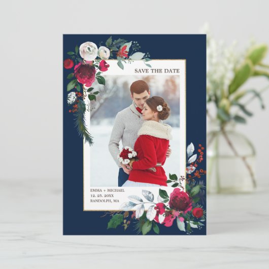 セーブザデート.ネイビーブルー |ブルゴーニュ結婚の写真 招待状 (スタンド正面)