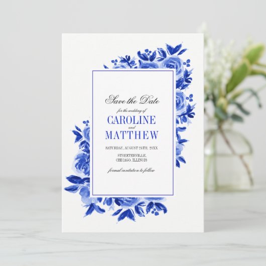 セーブザデート.ブルー王室のフローラウェディングカード 招待状 (スタンド正面)