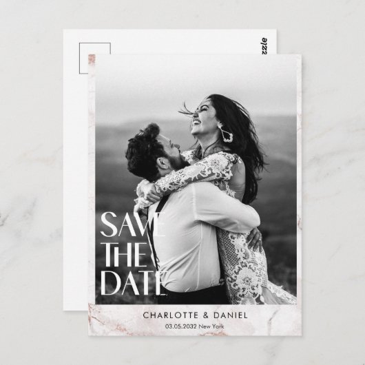 セーブザデート!モダン大理石1枚の写真 ポストカード (正面/裏面)