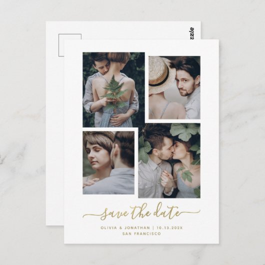 セーブザデート | モダン金ゴールド4枚の写真コラージュ ポストカード (正面/裏面)