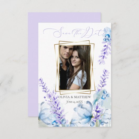 セーブザデート |ラベンダーの水彩 – Dusty Blue 招待状 (正面/裏面)