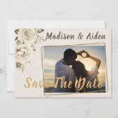セーブザデート |ロマンチックな白素朴バラ 案内状 (正面)