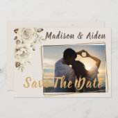 セーブザデート |ロマンチックな白素朴バラ 案内状 (正面/裏面)