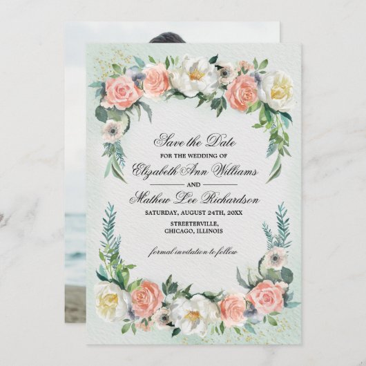 セーブザデート.ロマンチック結婚なバラの写真カード 招待状 (正面/裏面)