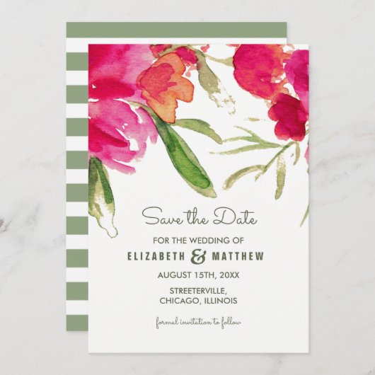 セーブザデート.明るい赤紫色グリーンフローラ 招待状 (正面/裏面)