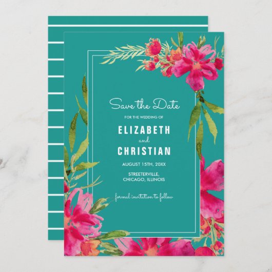 セーブザデート.明るい赤紫色ターコイズフローラ水色 招待状 (正面/裏面)