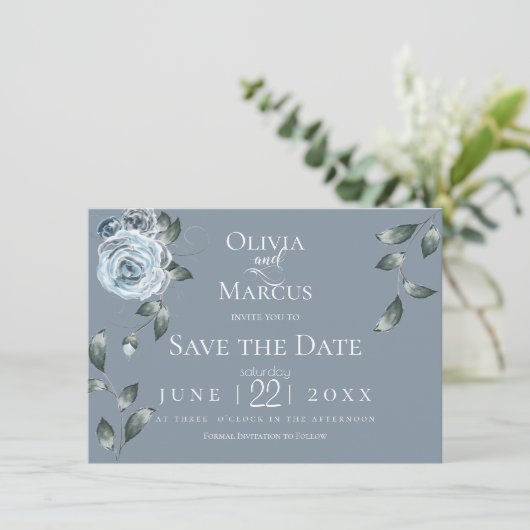 セーブザデート |水彩ほこりっぽい青フローラ 招待状 (スタンド正面)