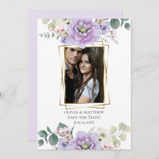 セーブザデート |水彩ラベンダー牡丹フローラ 招待状 (正面/裏面)