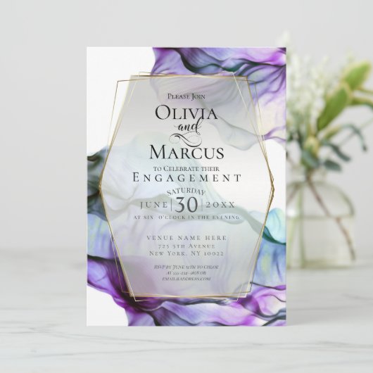 セーブザデート |紫鮮やかはっきりした水色インク 招待状 (スタンド正面)