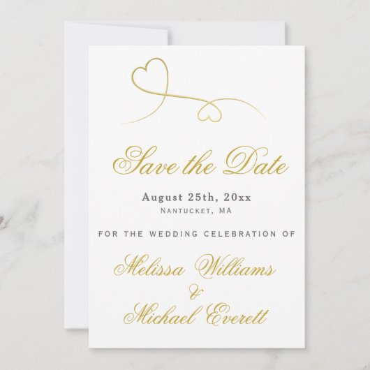 セーブザデート | 2つのエレガント金ゴールドハート結婚 (正面)