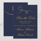 セーブザデート | 2つの金ゴールドハートネイビーブルー結婚ズ (正面/裏面)