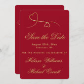 セーブザデート | 2つの金ゴールドハート結婚Red (正面/裏面)