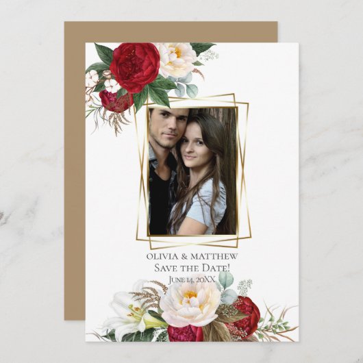 セーブザデート | Burgundy Peonyフローラの花束 招待状 (正面/裏面)