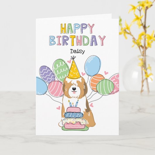 セーブルホワイトチベットテリア犬の誕生日パーティー カード (黄色い花)