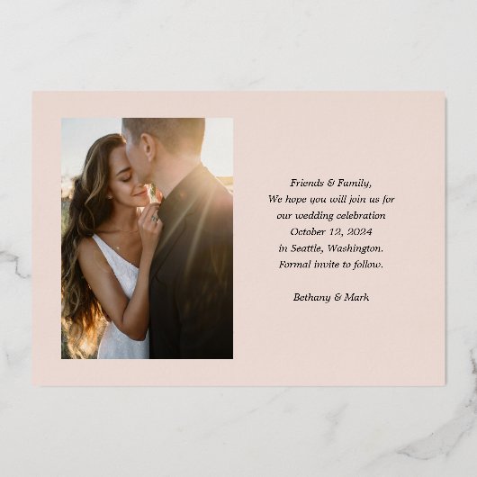 セーブ・ザ・デート案内実在フォイル見出し 箔招待状 (裏面)