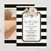 セーブ・ザ・デート フォト ワイド ストライプ フォーカル ゴールド フラワリー 招待状 (正面/裏面)